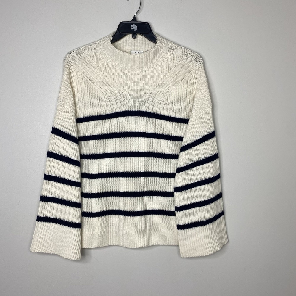 A.L.C. Louise Merino Wool Sweater M Off White Navy Stripe‎ Mock Neck Bell Sleeve